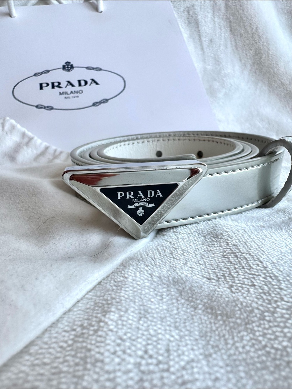 Prada Metallic Silver Leather Belt with Silver & Black Triangle Logo Buckle